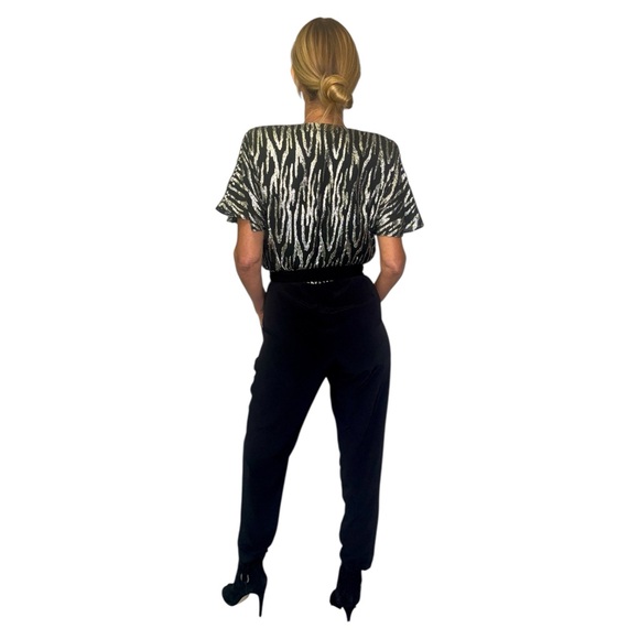 Vintage 80s Disco Metallic Silver & Black Striped Jumpsuit  Sz Small - Picture 5 of 14